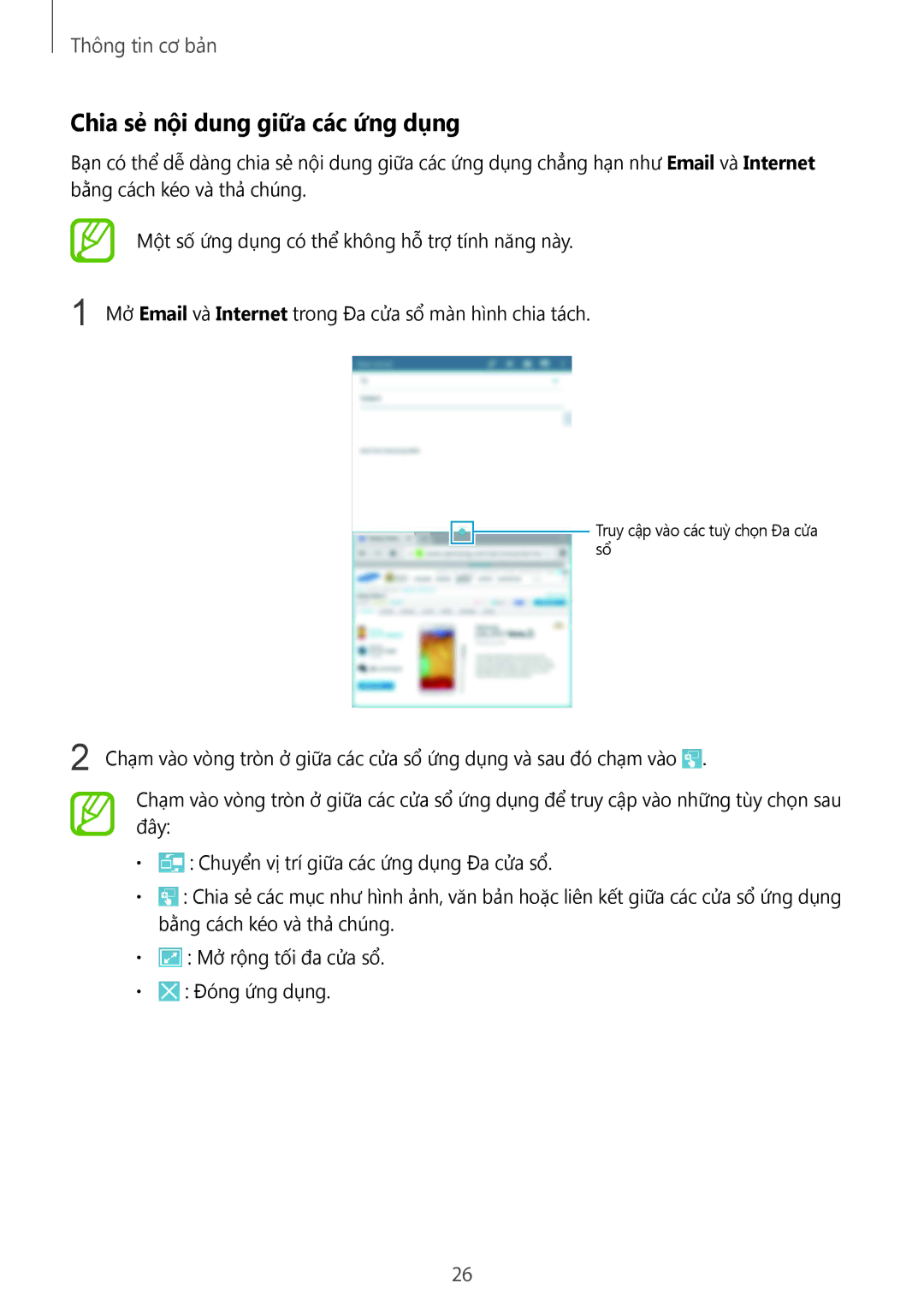 Samsung SM-T3110ZWAXXV manual Chia sẻ nội dung giữa các ứng dụng 