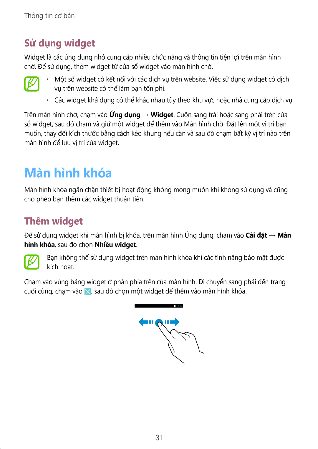 Samsung SM-T3110ZWAXXV manual Màn hình khóa, Sử dụng widget, Thêm widget 