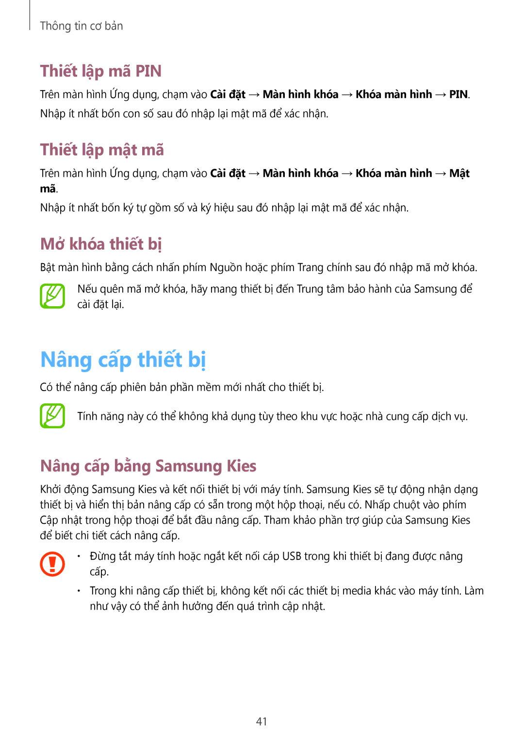 Samsung SM-T3110ZWAXXV manual Nâng cấ́p thiết bị, Thiết lập mã PIN, Thiết lập mật mã, Mở khóa thiết bị 