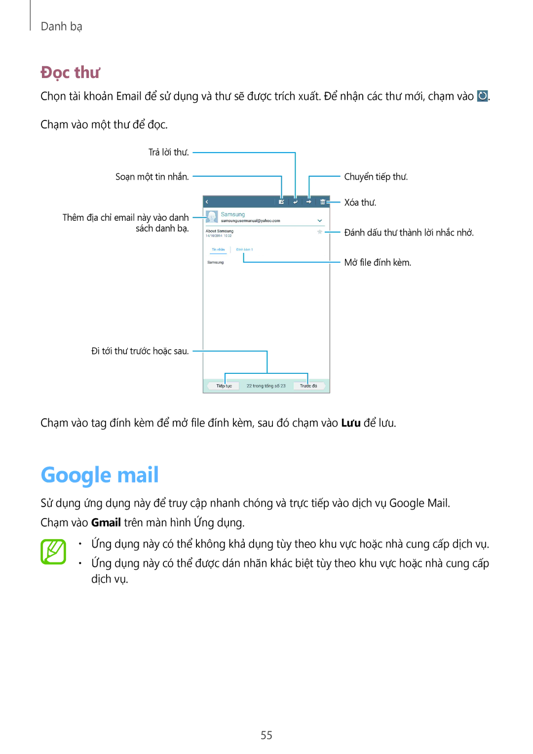 Samsung SM-T3110ZWAXXV manual Google mail, Đọc thư 