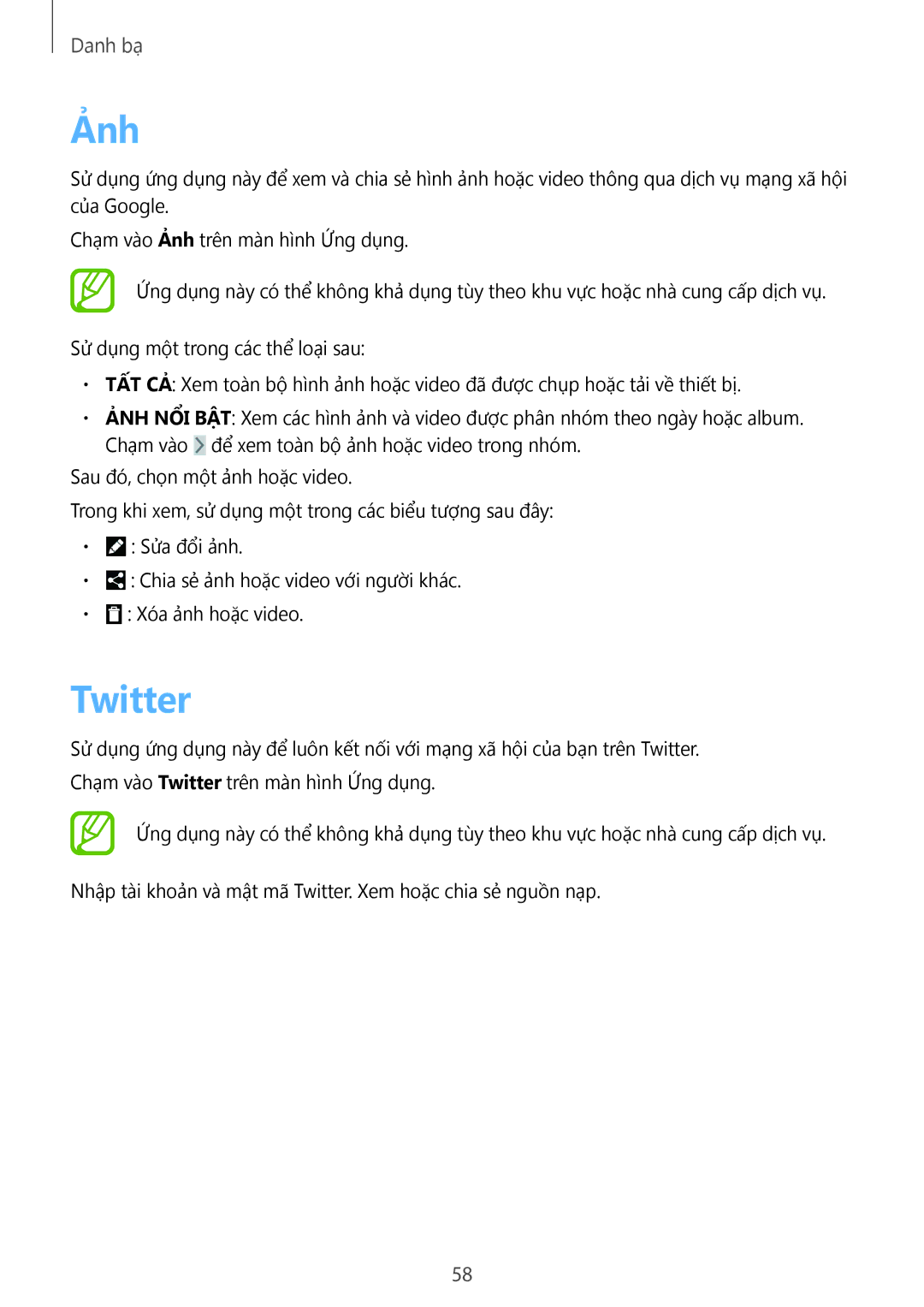 Samsung SM-T3110ZWAXXV manual Ảnh, Twitter 