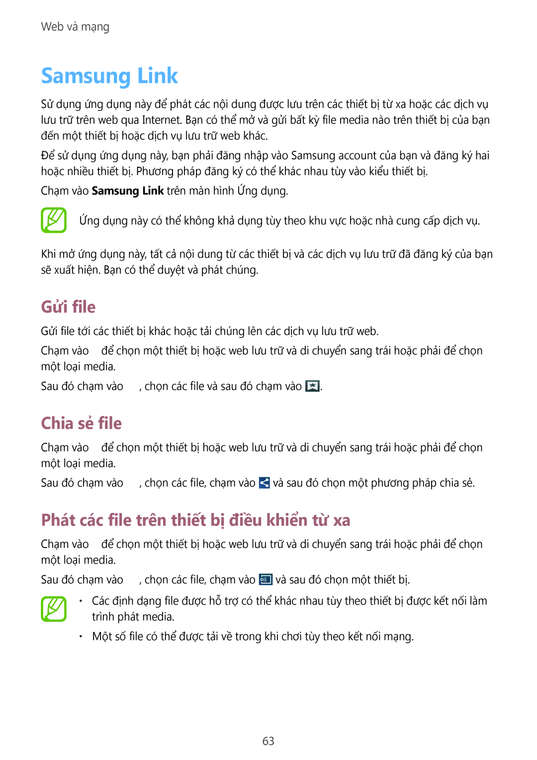Samsung SM-T3110ZWAXXV manual Samsung Link, Gửi file, Chia sẻ file, Phát các file trên thiết bị điều khiển từ xa 