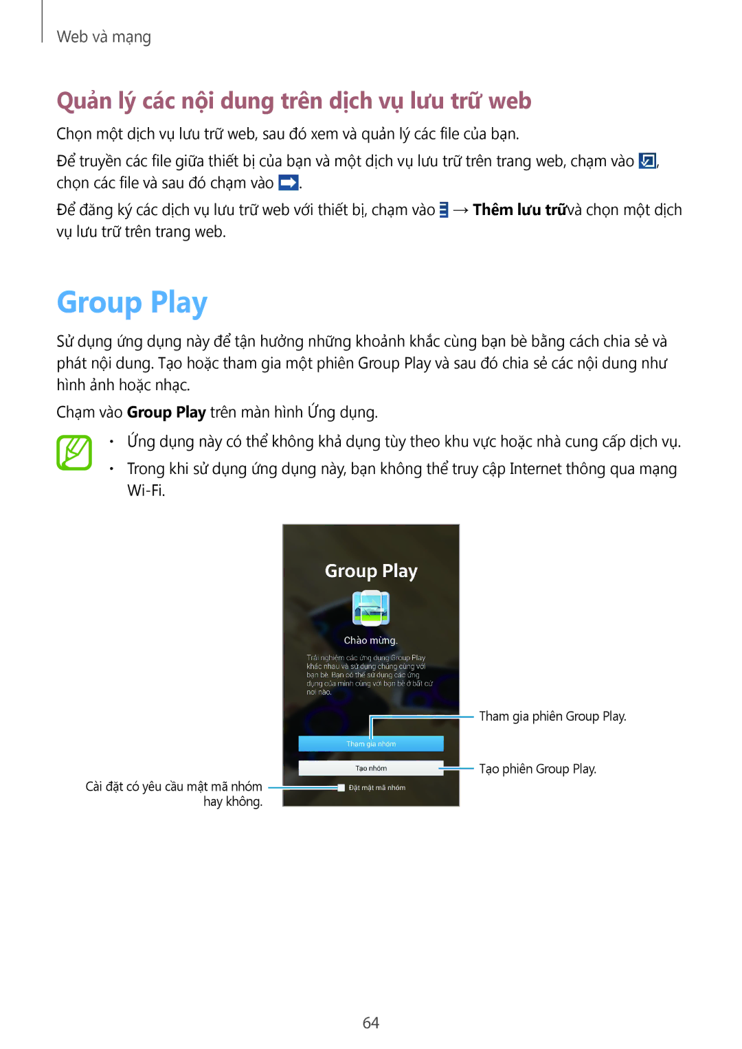 Samsung SM-T3110ZWAXXV manual Group Play, Quản lý các nội dung trên dịch vụ lưu trữ web 