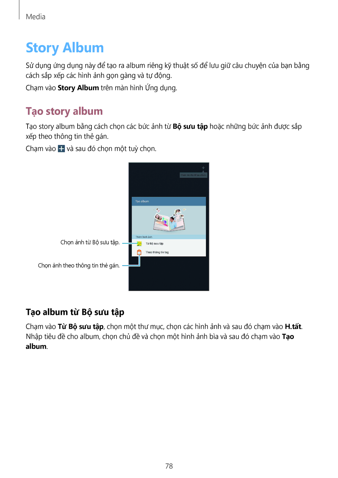Samsung SM-T3110ZWAXXV manual Story Album, Tạo story album, Tạo album từ Bộ sưu tập 
