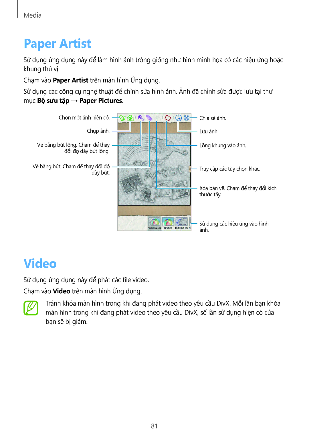 Samsung SM-T3110ZWAXXV manual Paper Artist, Video, Mục Bộ sưu tập → Paper Pictures 