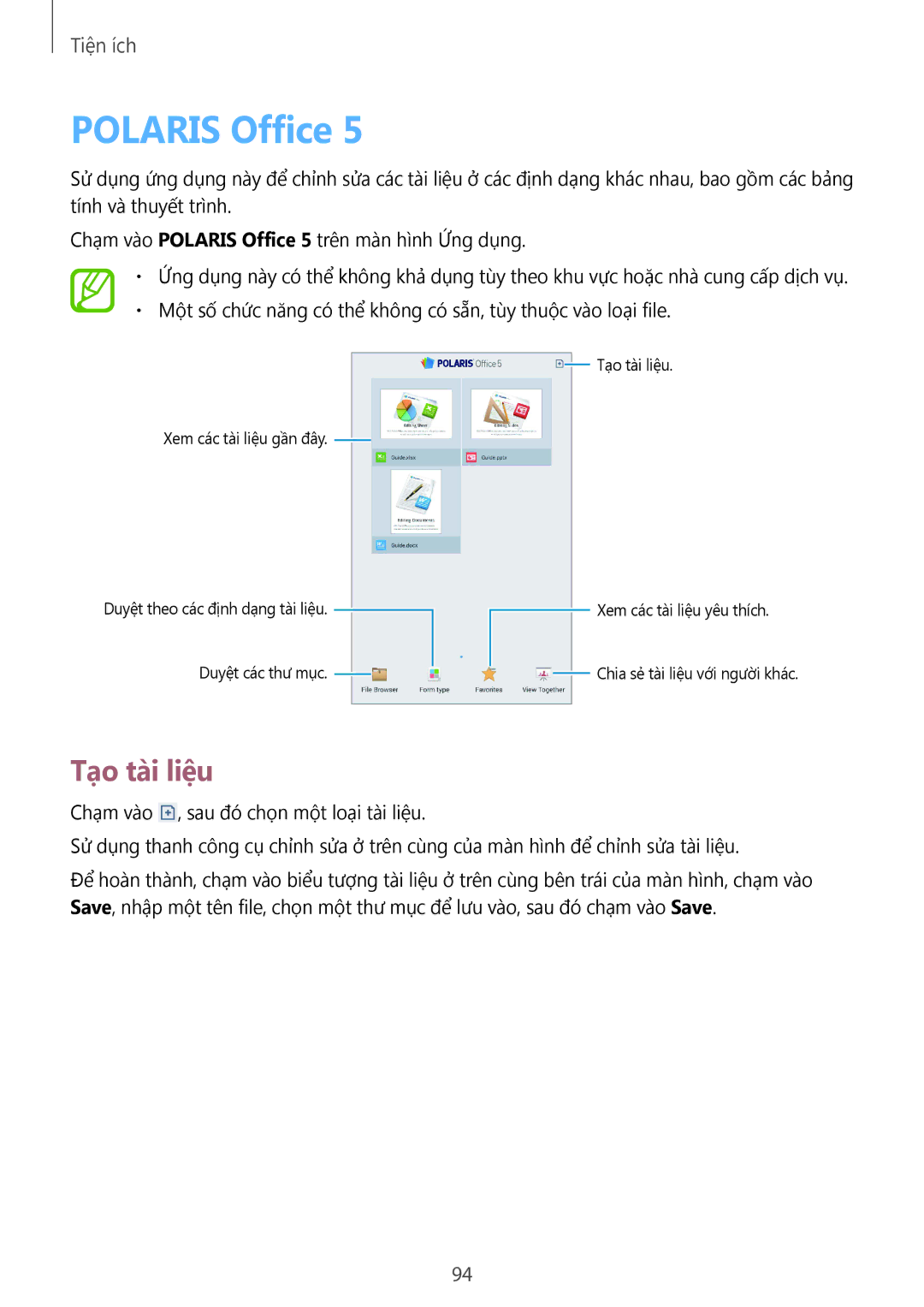 Samsung SM-T3110ZWAXXV manual Polaris Office, Tạo tài liệu 
