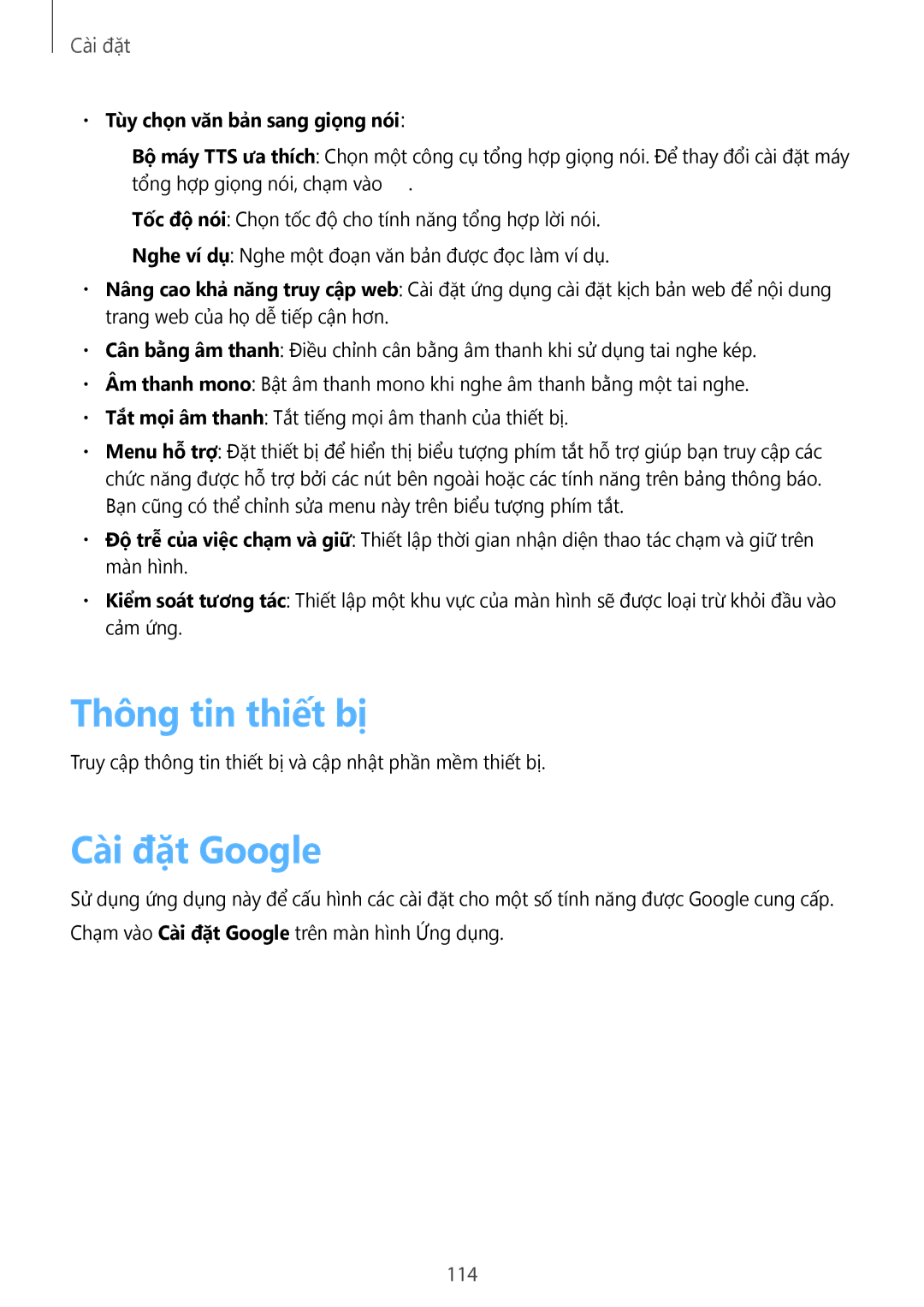 Samsung SM-T3110ZWAXXV manual Thông tin thiết bị, Cài đặt Google, Tùy chọn văn bản sang giọng nói 