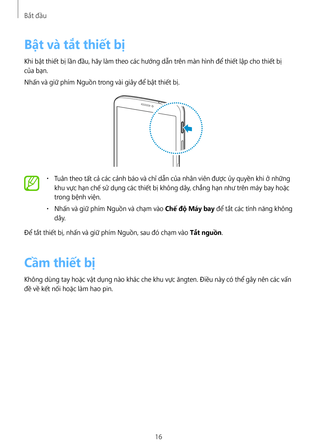 Samsung SM-T3110ZWAXXV manual Bật và tắt thiết bị, Cầm thiết bị 