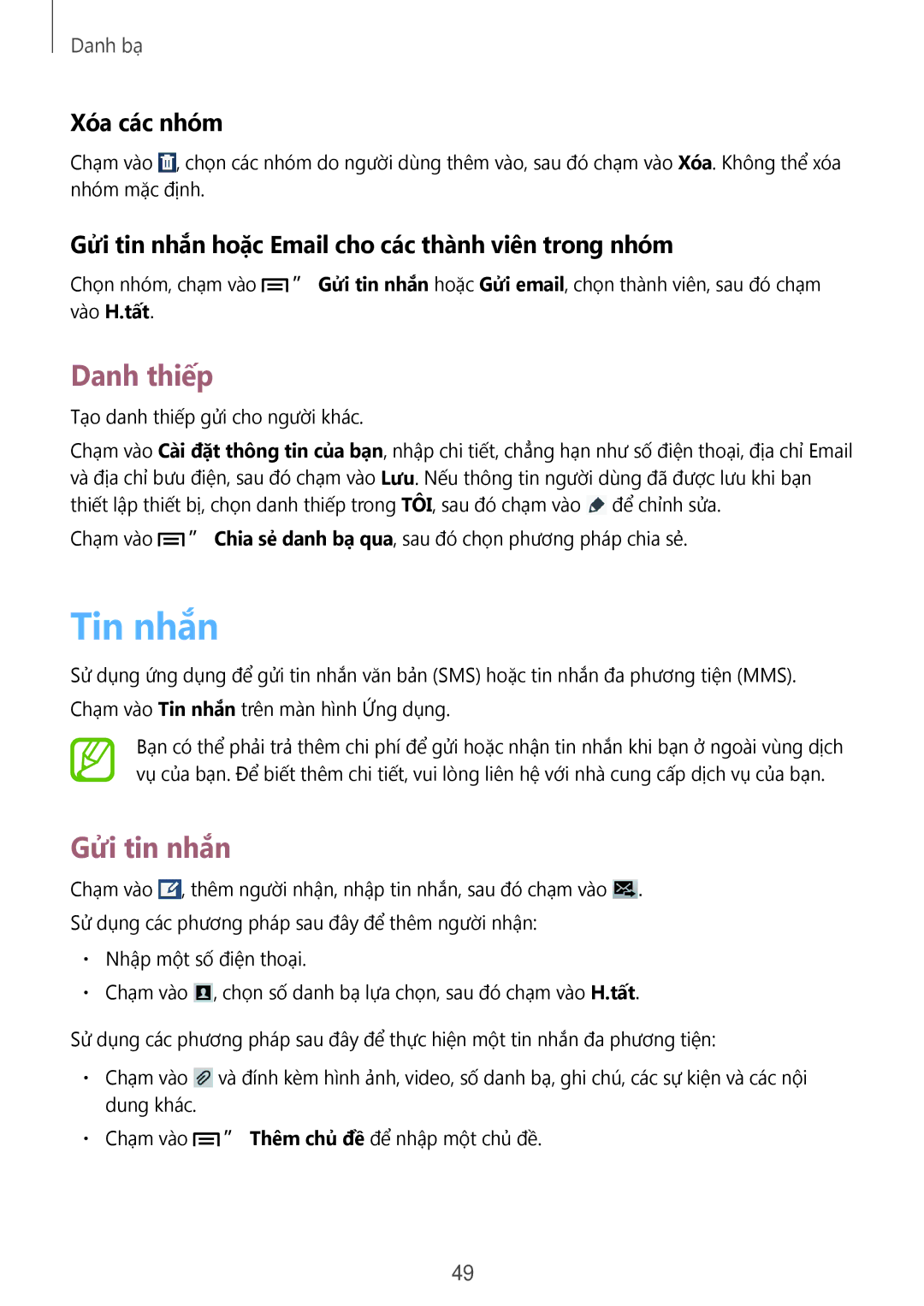 Samsung SM-T3110ZWAXXV manual Tin nhắn, Danh thiêp, Gửi tin nhắn, Xóa các nhóm 