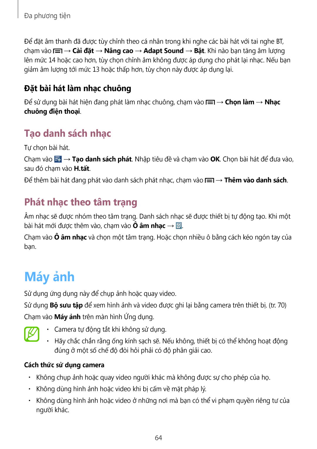 Samsung SM-T3110ZWAXXV manual Máy ảnh, Tạo danh sách nhạc, Phát nhạc theo tâm trạng, Đặt bài hát làm nhạc chuông 