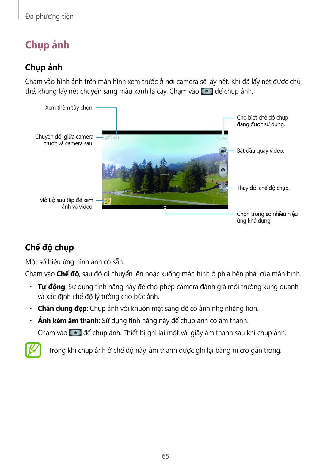 Samsung SM-T3110ZWAXXV manual Chụp ảnh, Chế độ chụp 