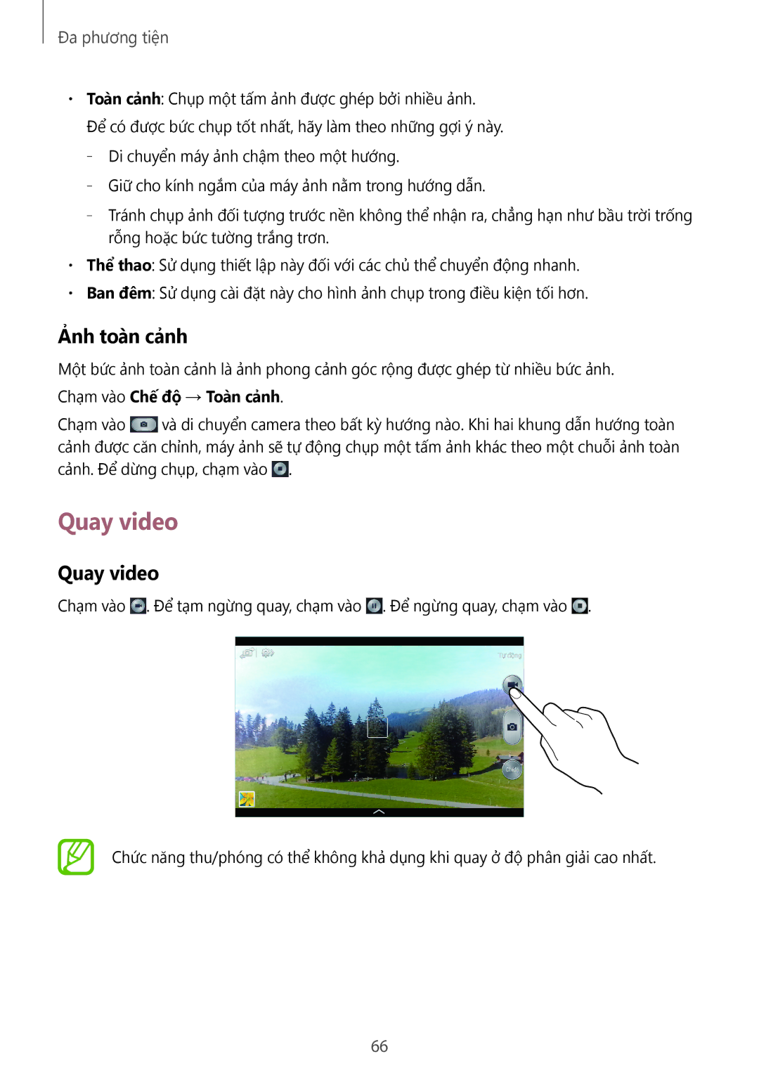Samsung SM-T3110ZWAXXV manual Quay video, Ảnh toàn cảnh, Chạm vào Chế độ → Toàn cảnh 