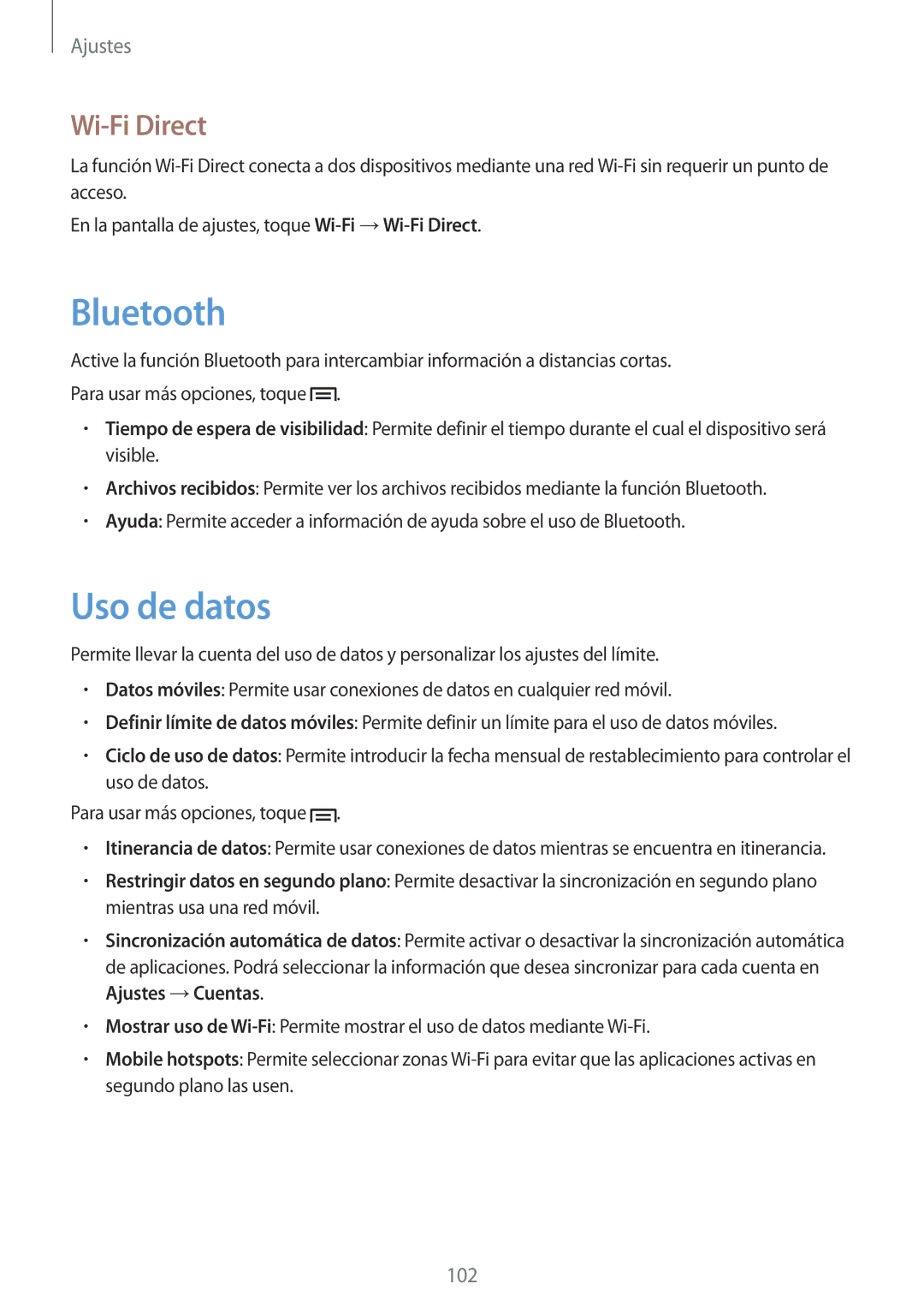 Samsung SM-T3150ZWAATL manual Uso de datos, Wi-Fi Direct 