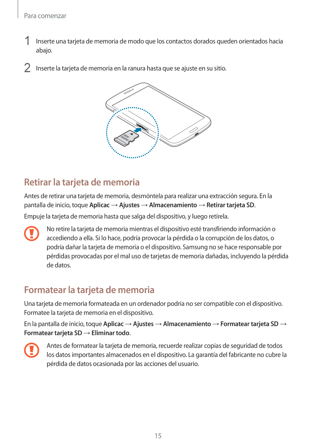 Samsung SM-T3150ZWAATL manual Retirar la tarjeta de memoria, Formatear la tarjeta de memoria 