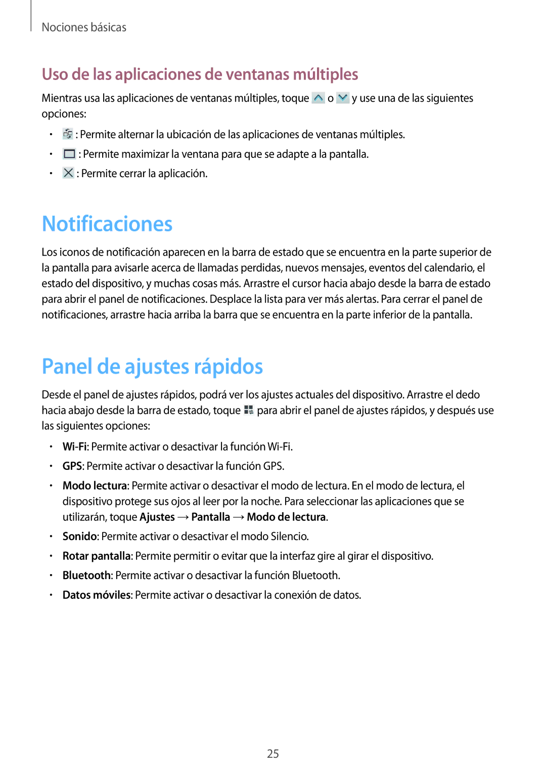 Samsung SM-T3150ZWAATL manual Notificaciones, Panel de ajustes rápidos, Uso de las aplicaciones de ventanas múltiples 