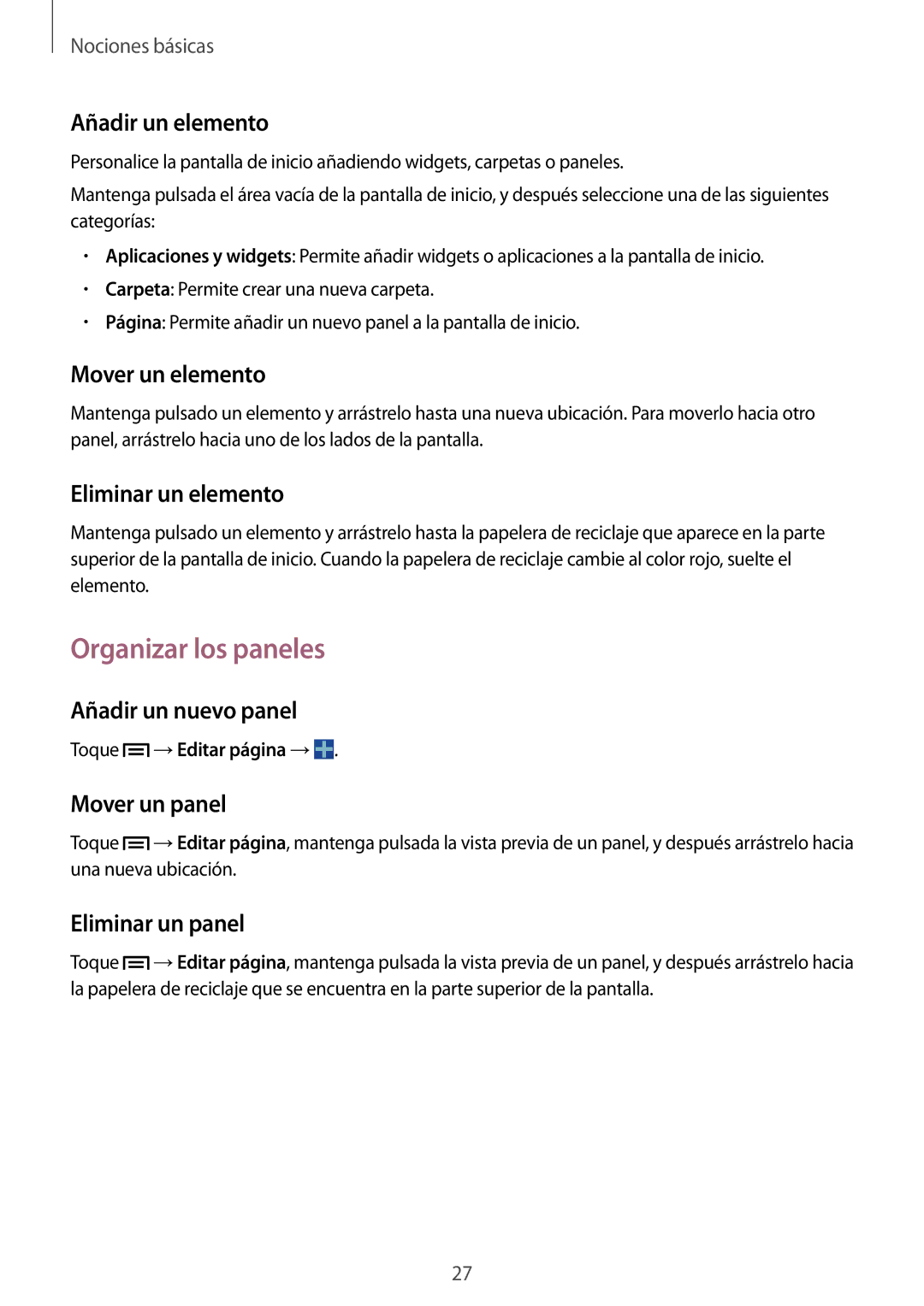 Samsung SM-T3150ZWAATL manual Organizar los paneles 