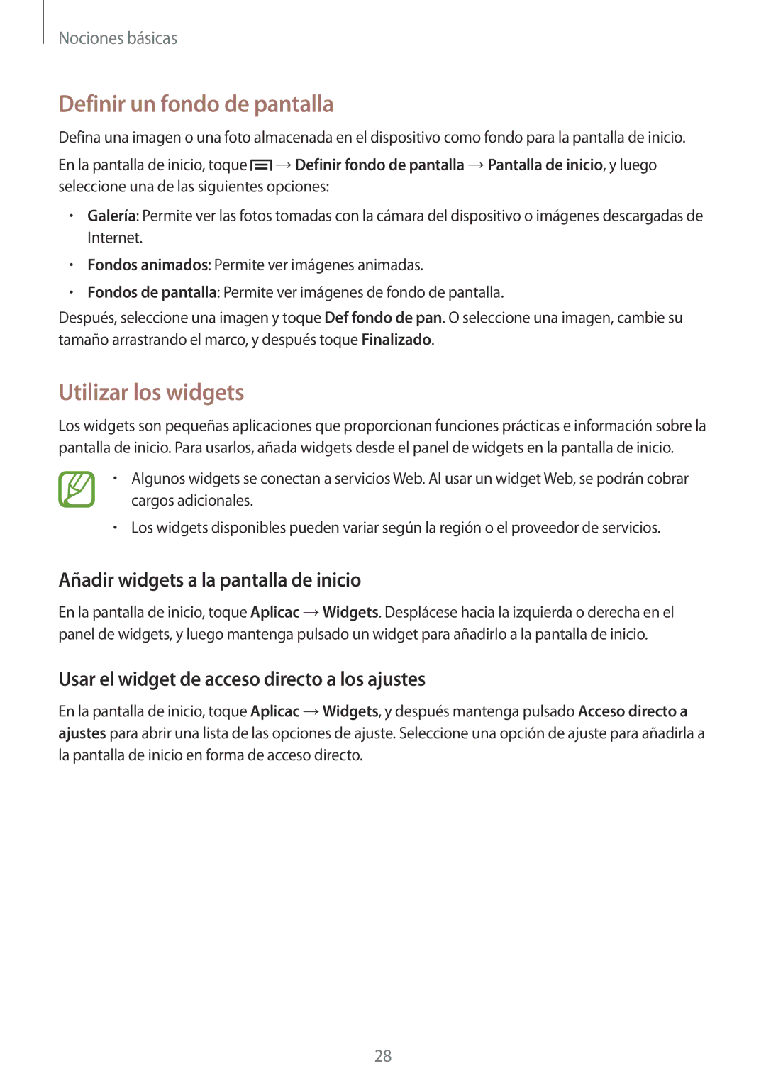 Samsung SM-T3150ZWAATL manual Definir un fondo de pantalla, Utilizar los widgets, Añadir widgets a la pantalla de inicio 