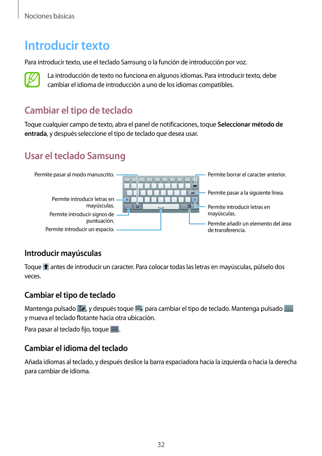 Samsung SM-T3150ZWAATL manual Introducir texto, Cambiar el tipo de teclado, Usar el teclado Samsung 