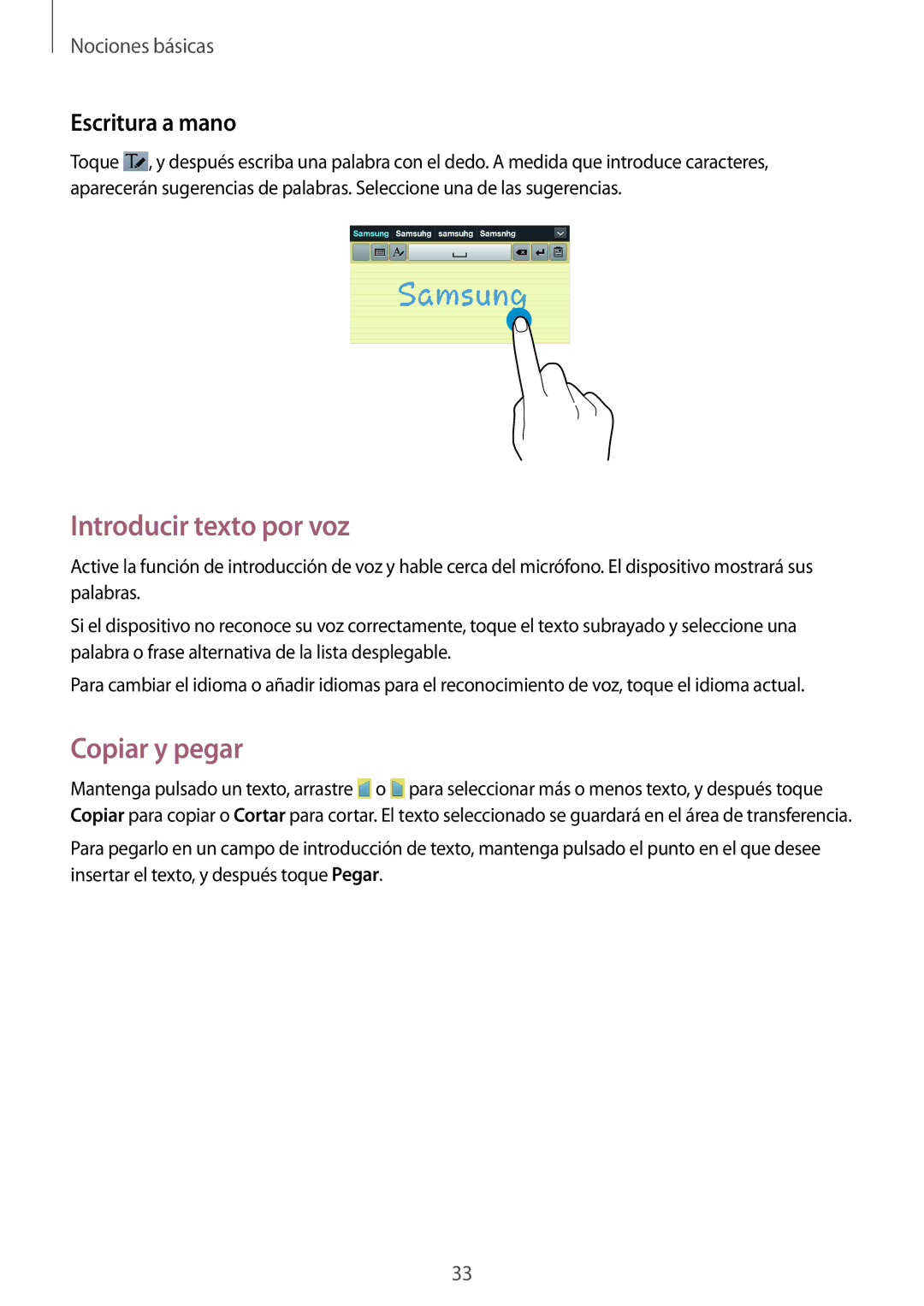 Samsung SM-T3150ZWAATL manual Introducir texto por voz, Copiar y pegar, Escritura a mano 