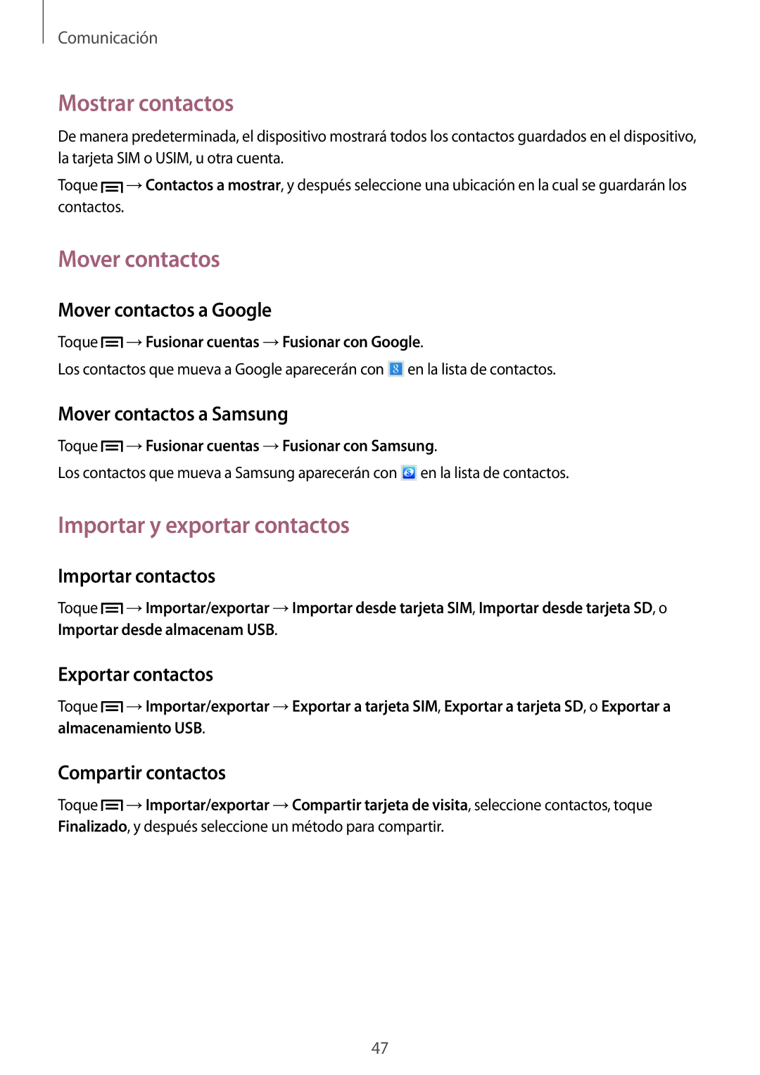Samsung SM-T3150ZWAATL manual Mostrar contactos, Mover contactos, Importar y exportar contactos 
