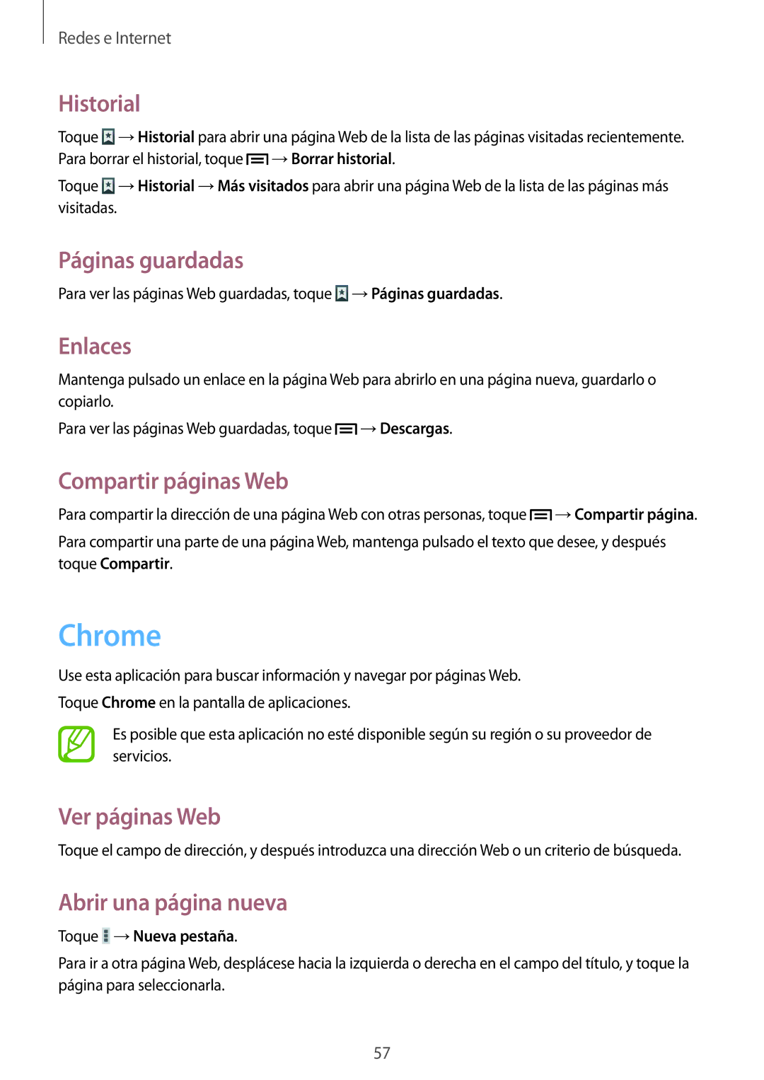 Samsung SM-T3150ZWAATL manual Chrome, Historial, Páginas guardadas, Enlaces, Compartir páginas Web 
