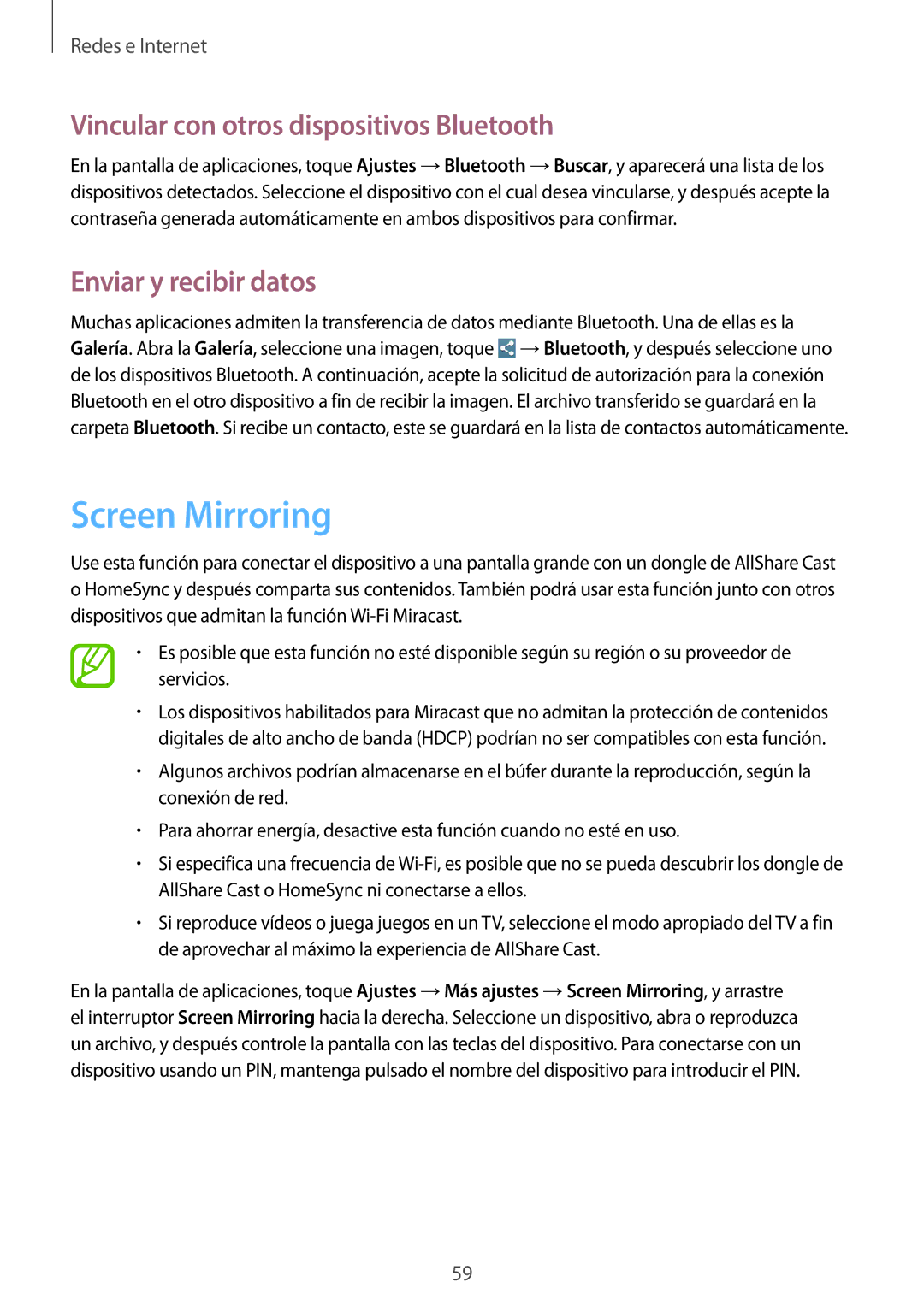 Samsung SM-T3150ZWAATL manual Screen Mirroring, Vincular con otros dispositivos Bluetooth, Enviar y recibir datos 