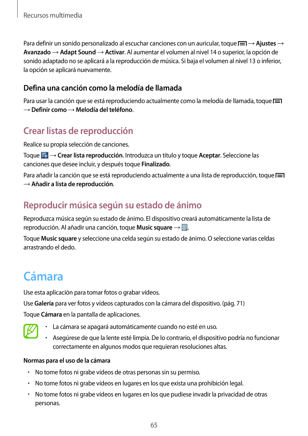 Samsung SM-T3150ZWAATL manual Cámara, Crear listas de reproducción, Reproducir música según su estado de ánimo 