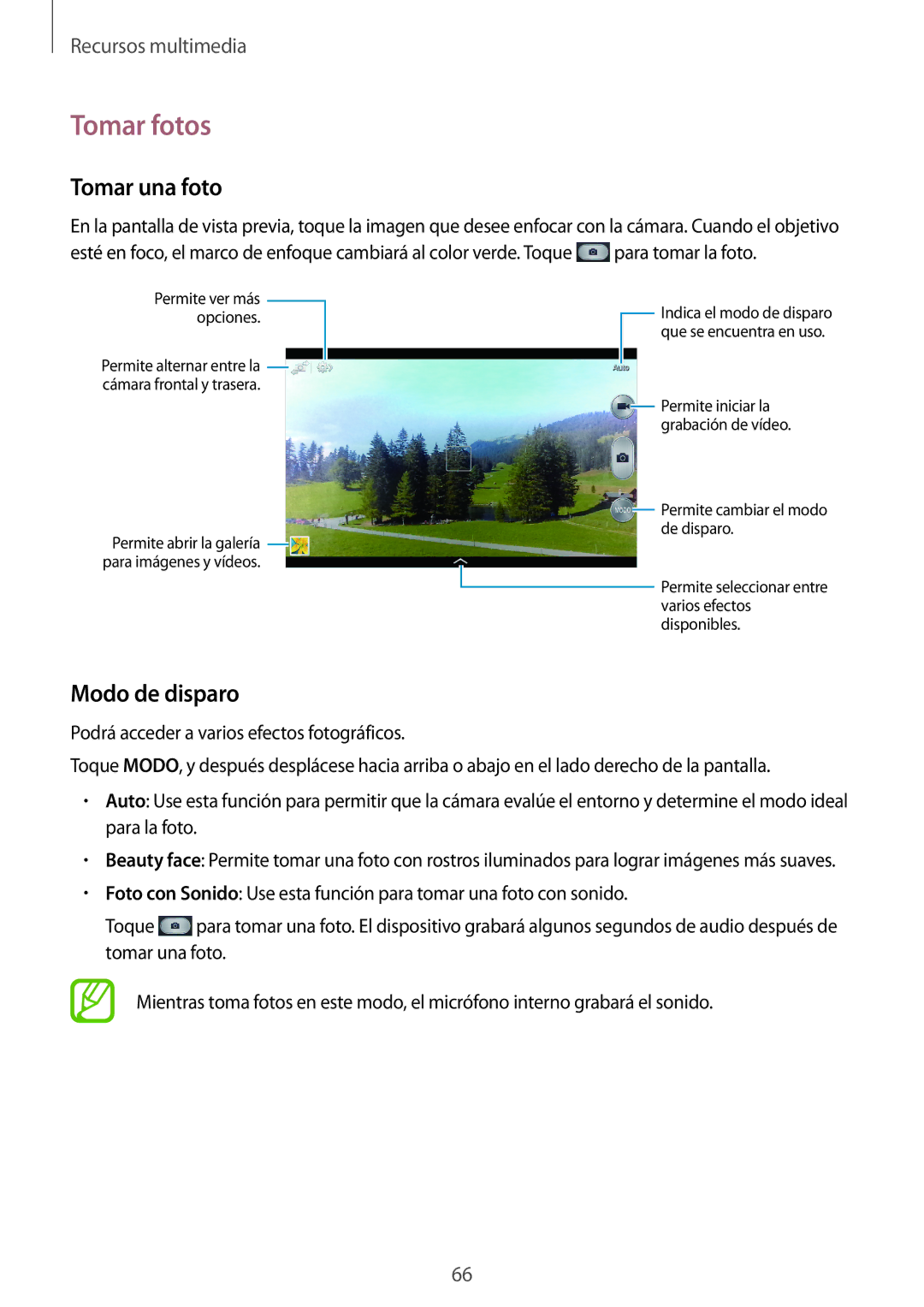 Samsung SM-T3150ZWAATL manual Tomar fotos, Tomar una foto, Modo de disparo 