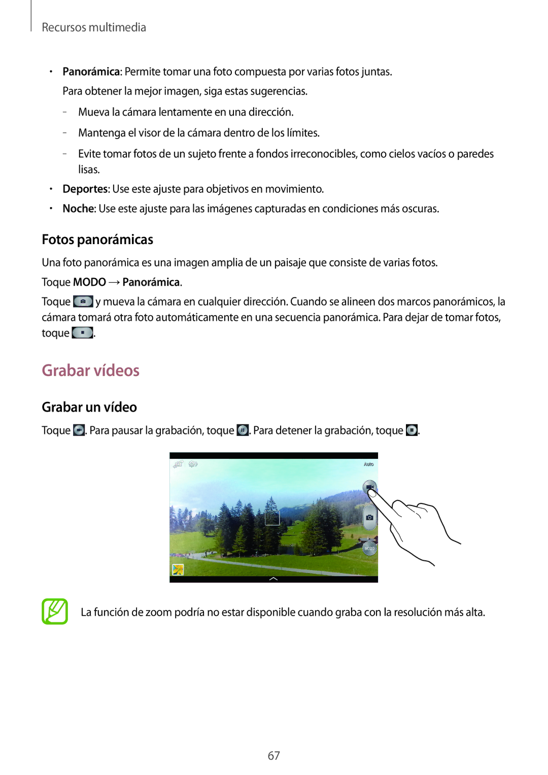 Samsung SM-T3150ZWAATL manual Grabar vídeos, Fotos panorámicas, Grabar un vídeo 