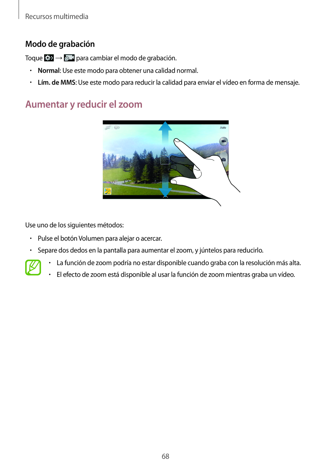 Samsung SM-T3150ZWAATL manual Aumentar y reducir el zoom, Modo de grabación 