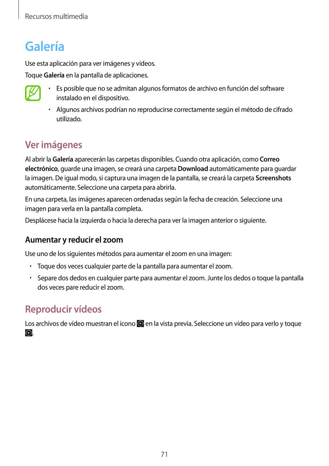 Samsung SM-T3150ZWAATL manual Galería, Ver imágenes, Reproducir vídeos, Aumentar y reducir el zoom 
