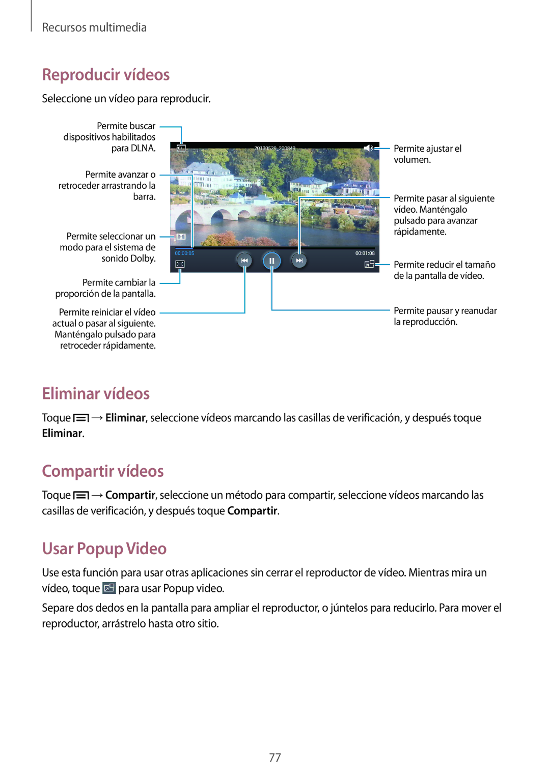 Samsung SM-T3150ZWAATL manual Eliminar vídeos, Compartir vídeos, Usar Popup Video 