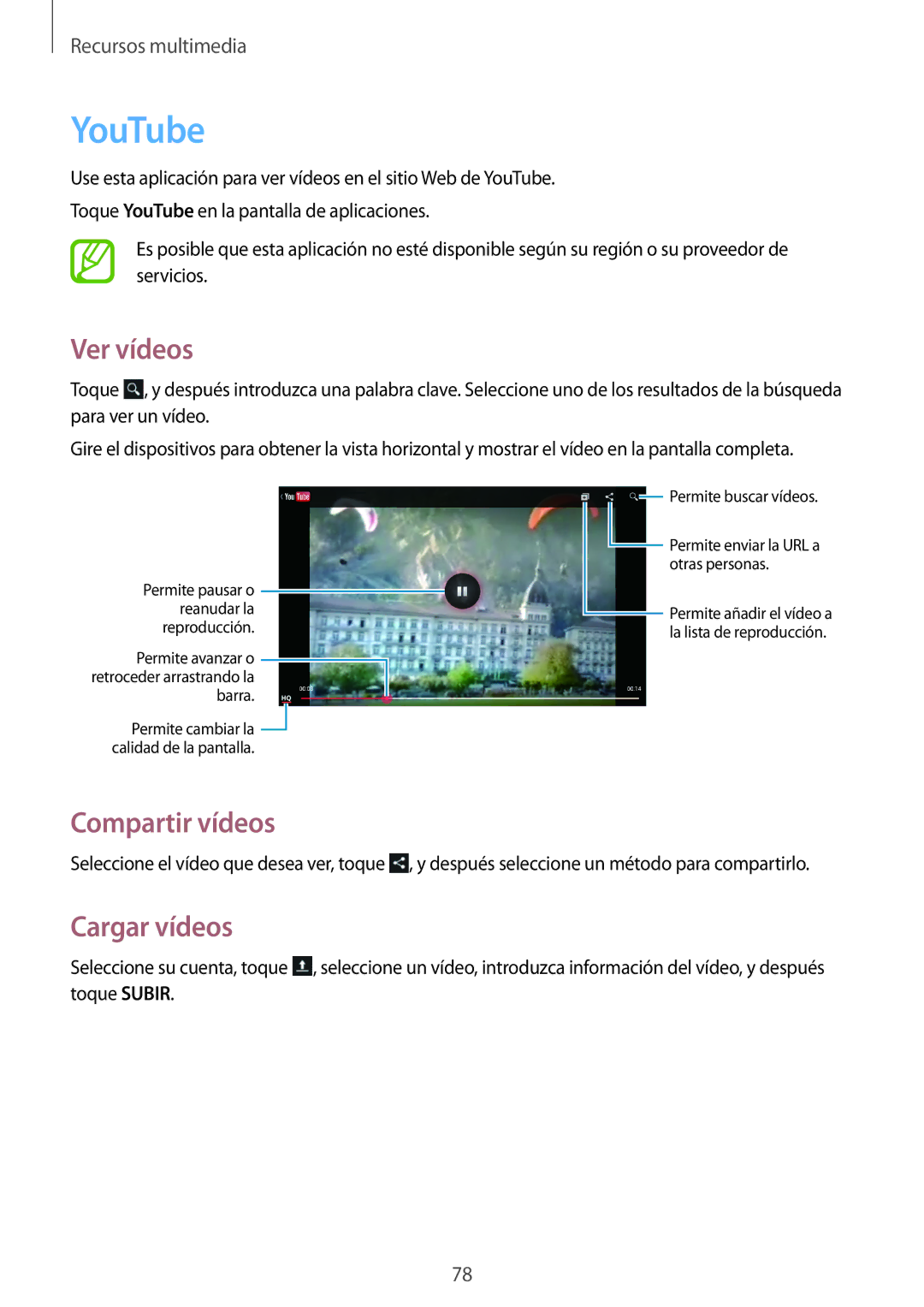 Samsung SM-T3150ZWAATL manual YouTube, Ver vídeos, Cargar vídeos 