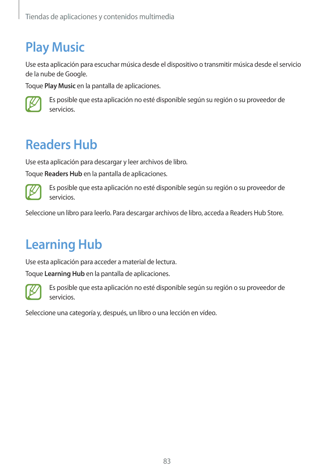 Samsung SM-T3150ZWAATL manual Play Music, Readers Hub, Learning Hub 