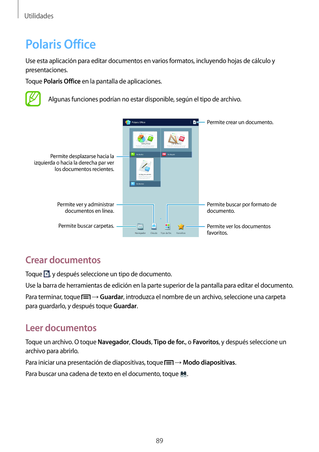 Samsung SM-T3150ZWAATL manual Polaris Office, Crear documentos, Leer documentos 