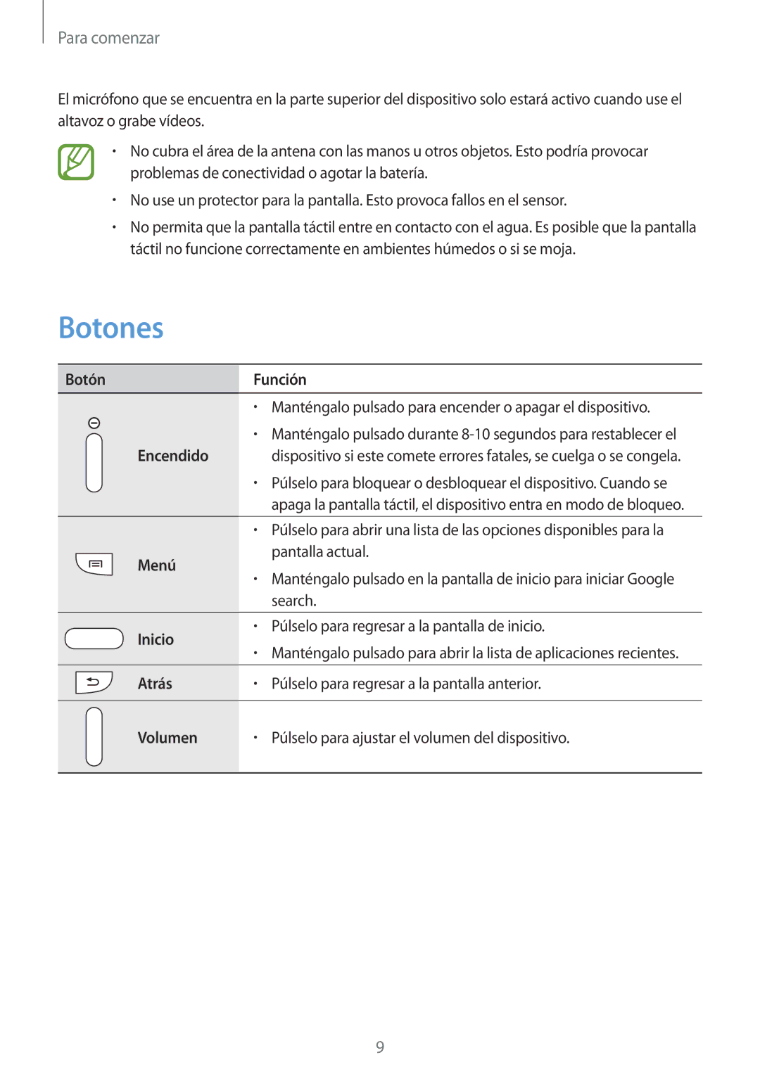 Samsung SM-T3150ZWAATL manual Botones 