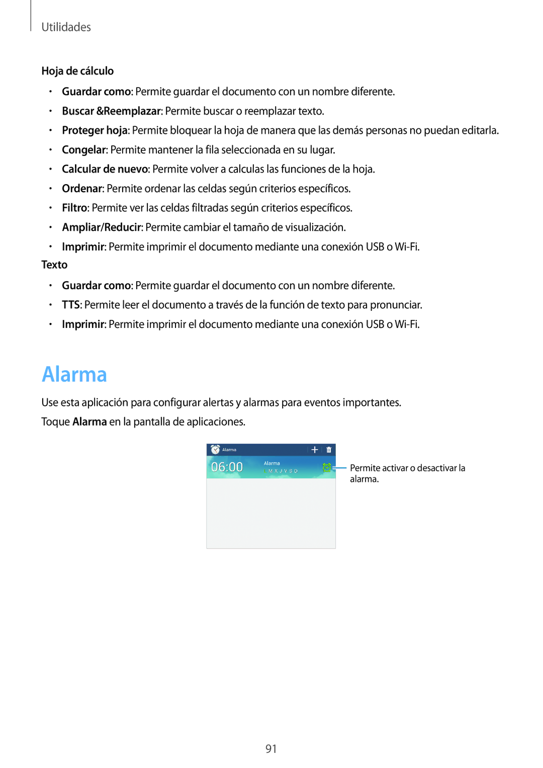 Samsung SM-T3150ZWAATL manual Alarma, Hoja de cálculo, Texto 