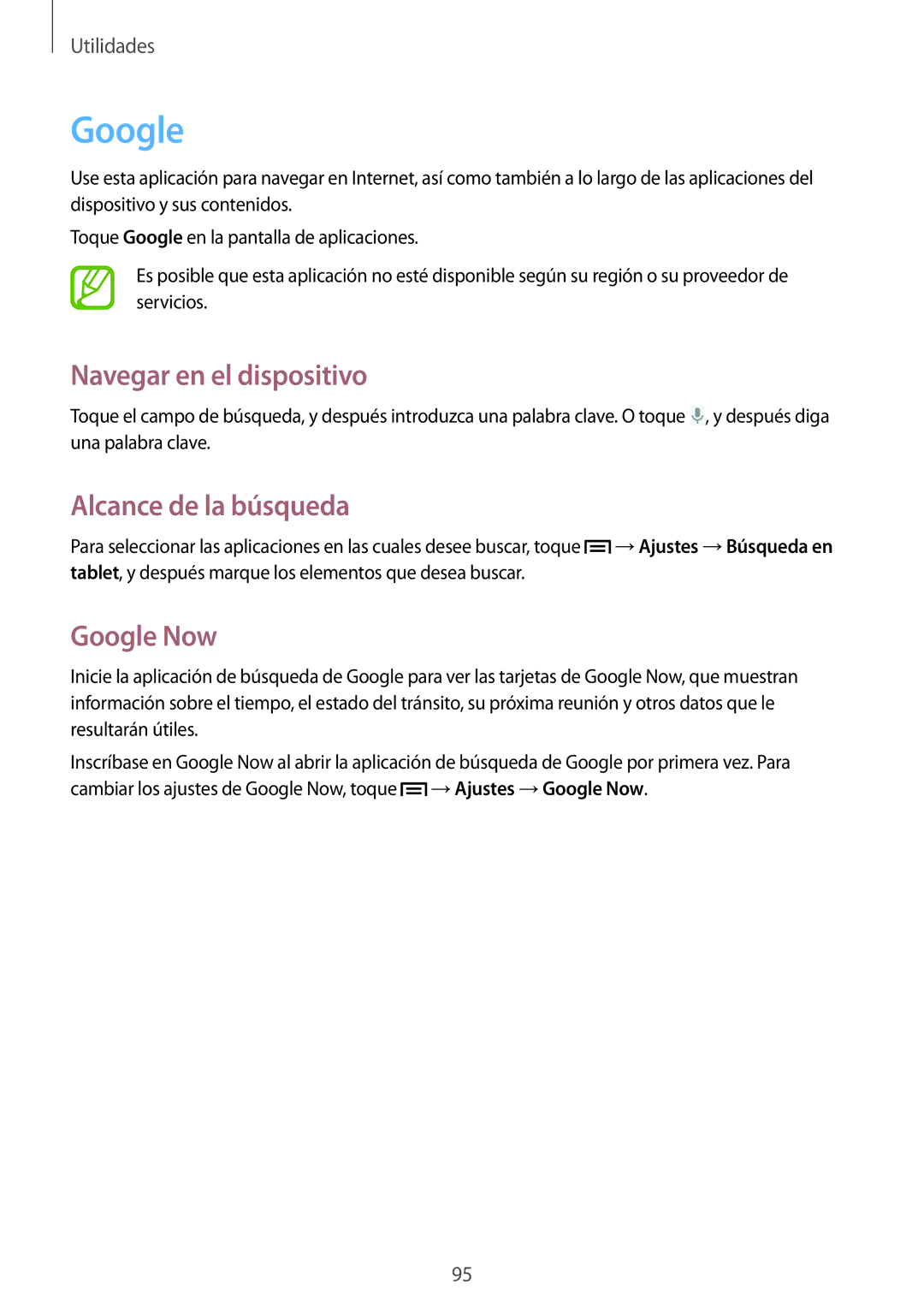 Samsung SM-T3150ZWAATL manual Navegar en el dispositivo, Alcance de la búsqueda, Google Now 