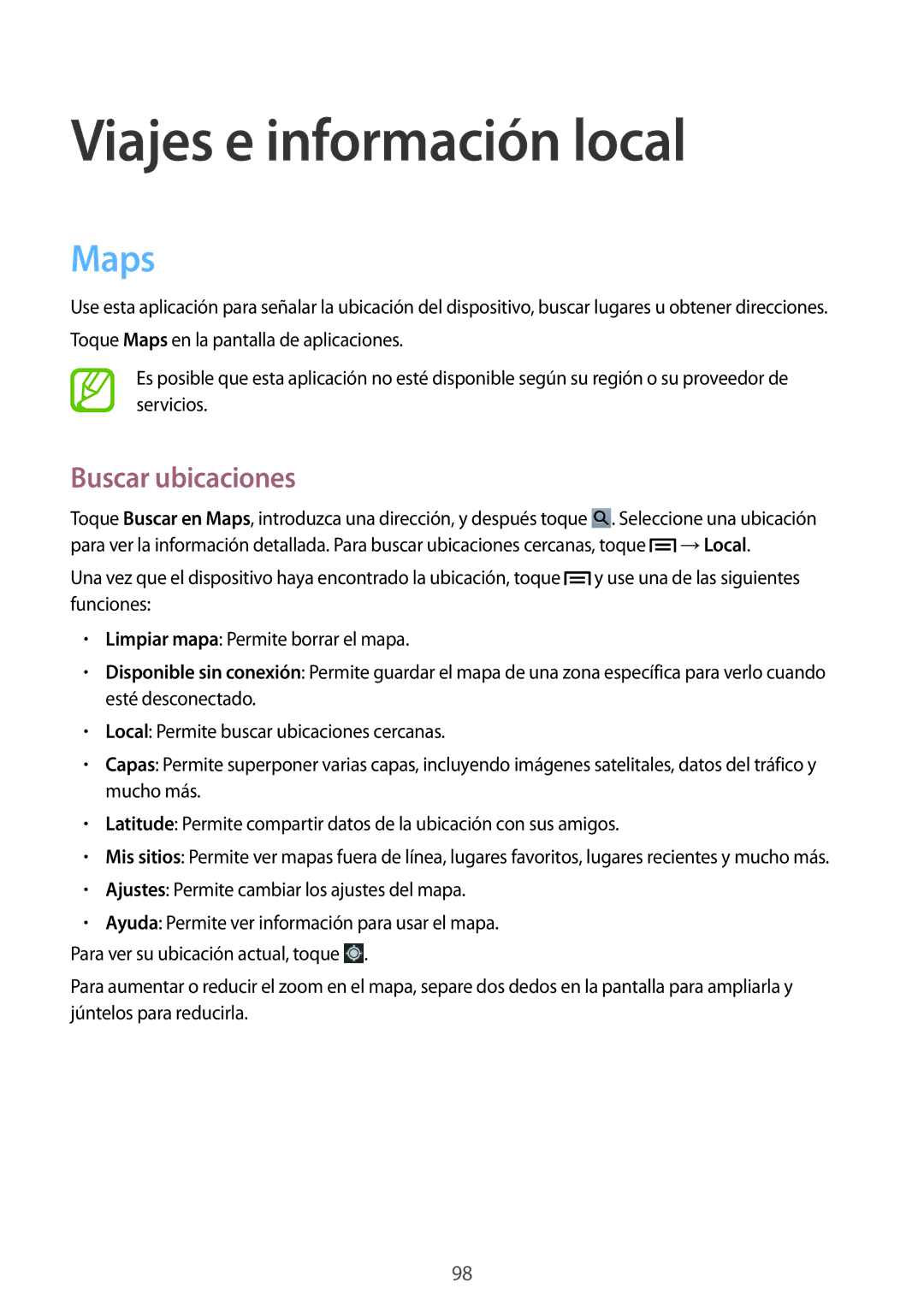 Samsung SM-T3150ZWAATL manual Viajes e información local, Maps, Buscar ubicaciones 