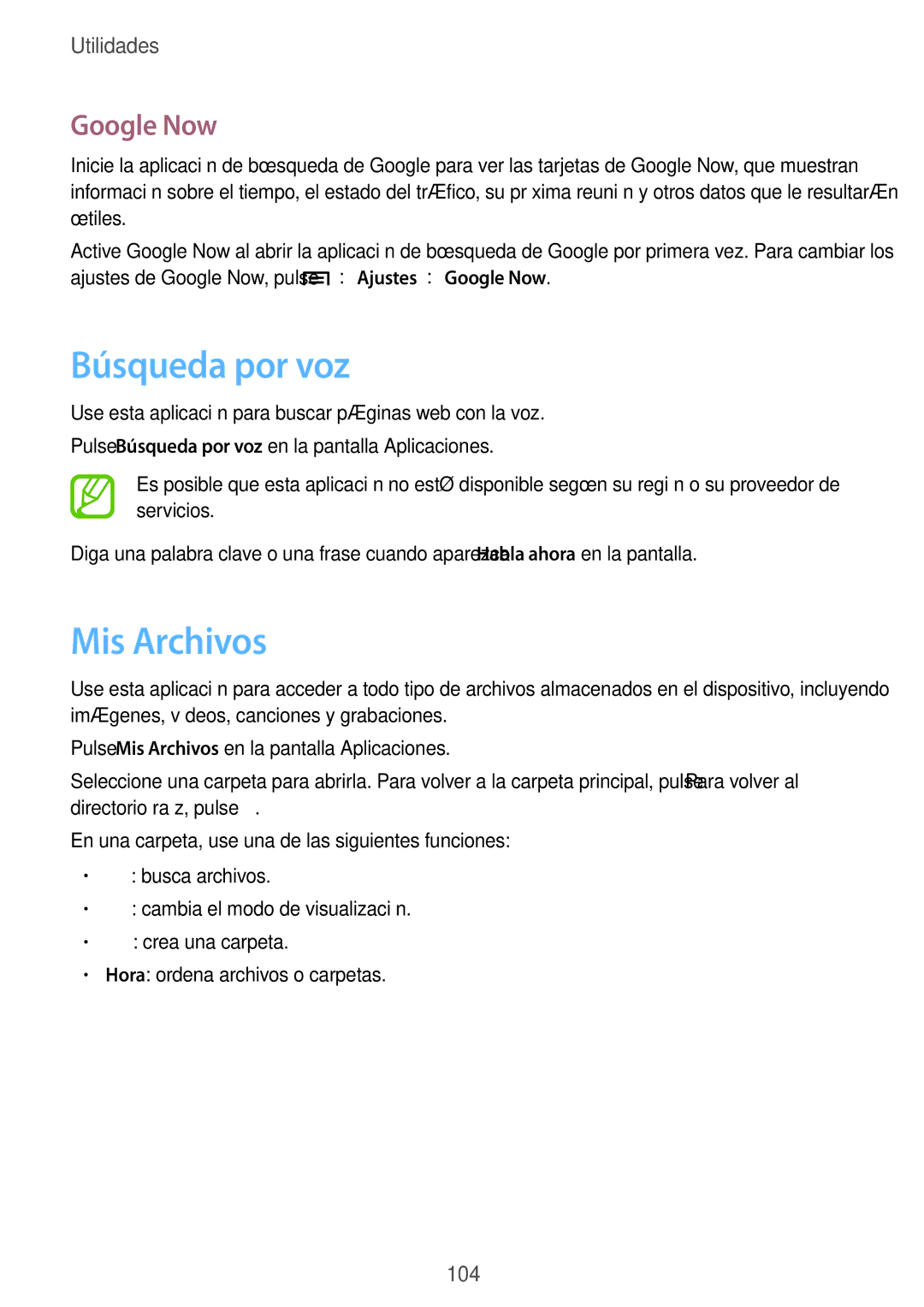 Samsung SM-T3150ZWAATL manual Búsqueda por voz, Mis Archivos, Google Now 