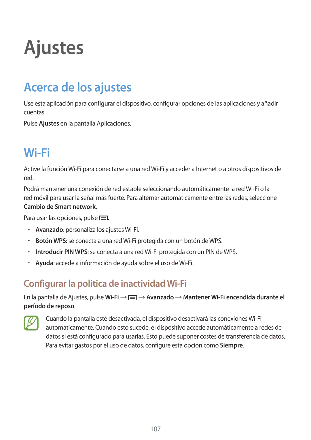 Samsung SM-T3150ZWAATL manual Ajustes, Acerca de los ajustes, Configurar la política de inactividad Wi-Fi 