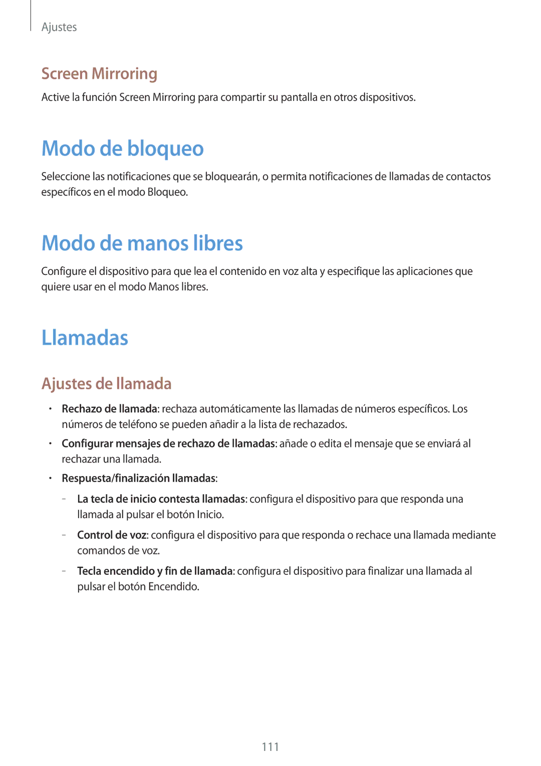 Samsung SM-T3150ZWAATL manual Modo de bloqueo, Modo de manos libres, Llamadas, Screen Mirroring, Ajustes de llamada 