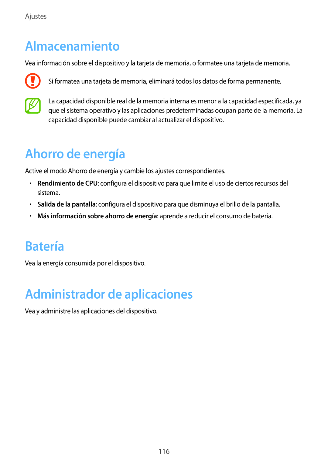 Samsung SM-T3150ZWAATL manual Almacenamiento, Ahorro de energía, Batería, Administrador de aplicaciones 