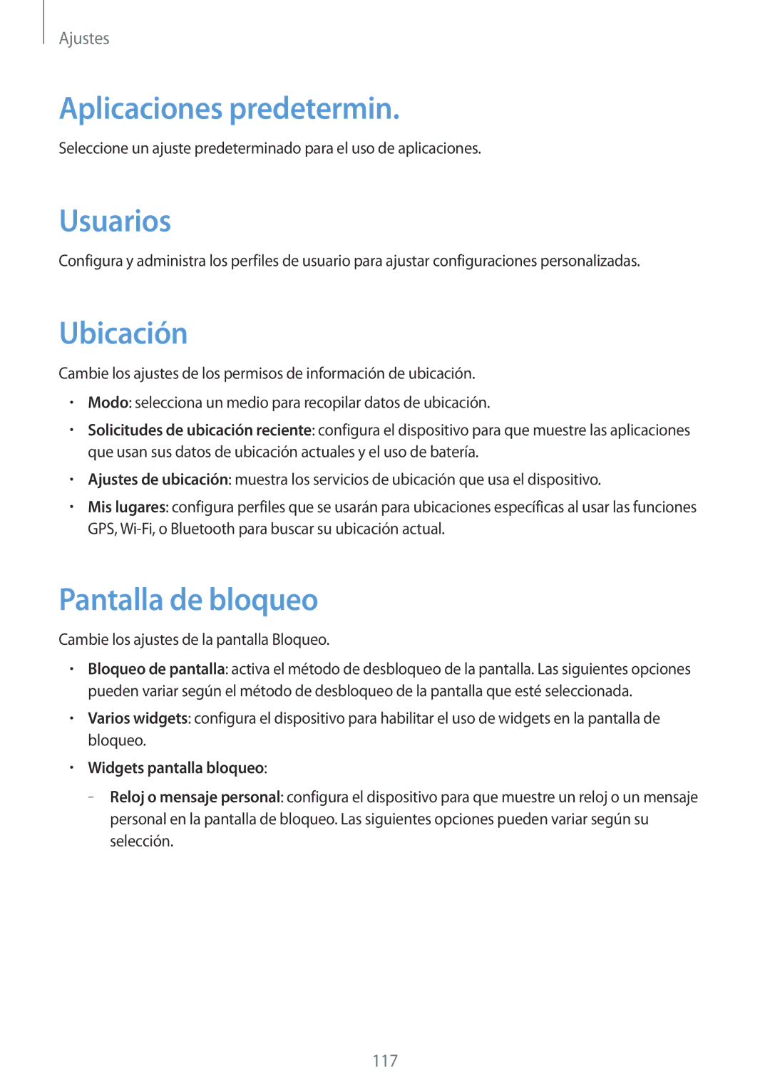 Samsung SM-T3150ZWAATL manual Aplicaciones predetermin, Usuarios, Ubicación, Pantalla de bloqueo, Widgets pantalla bloqueo 