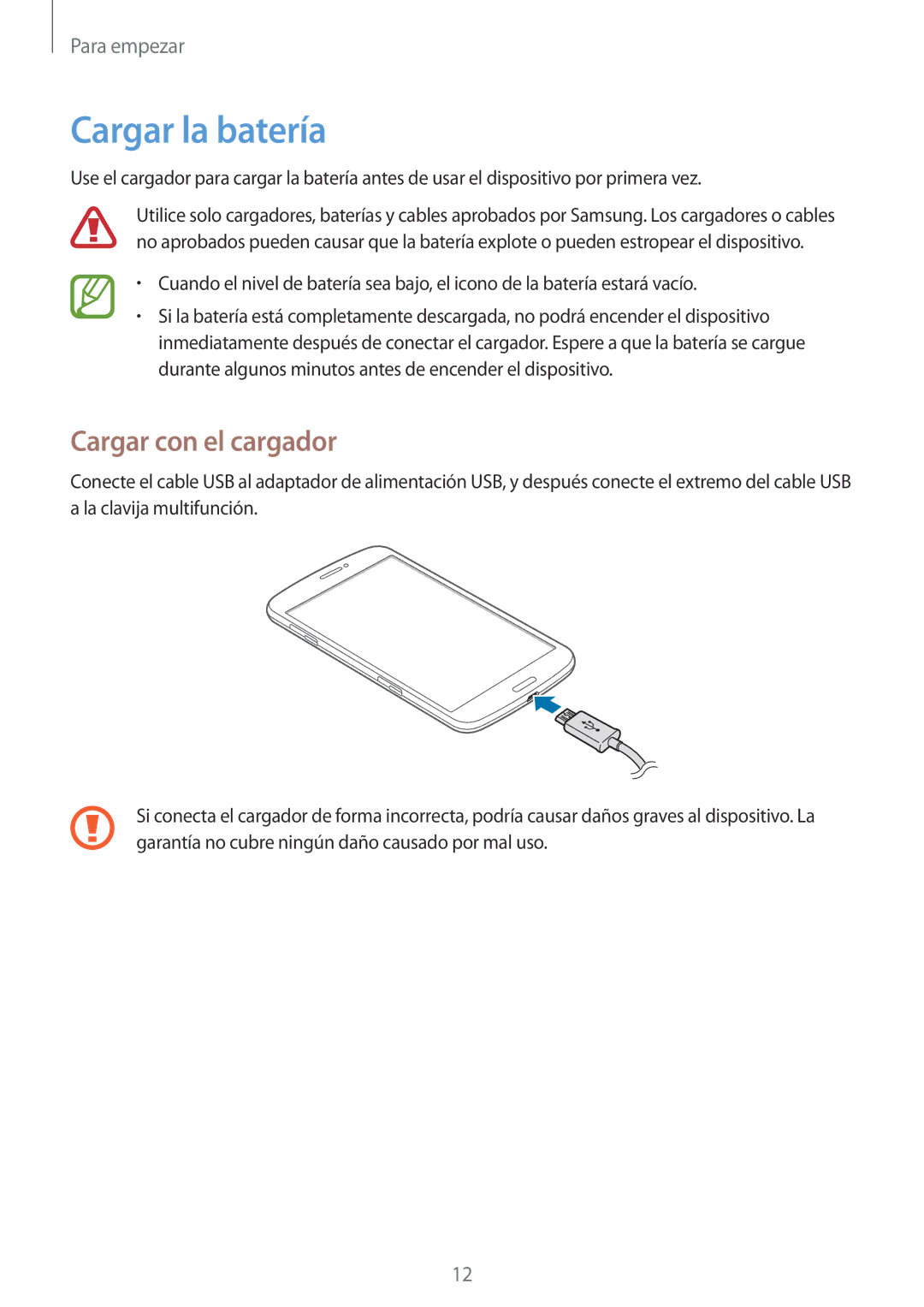 Samsung SM-T3150ZWAATL manual Cargar la batería, Cargar con el cargador 