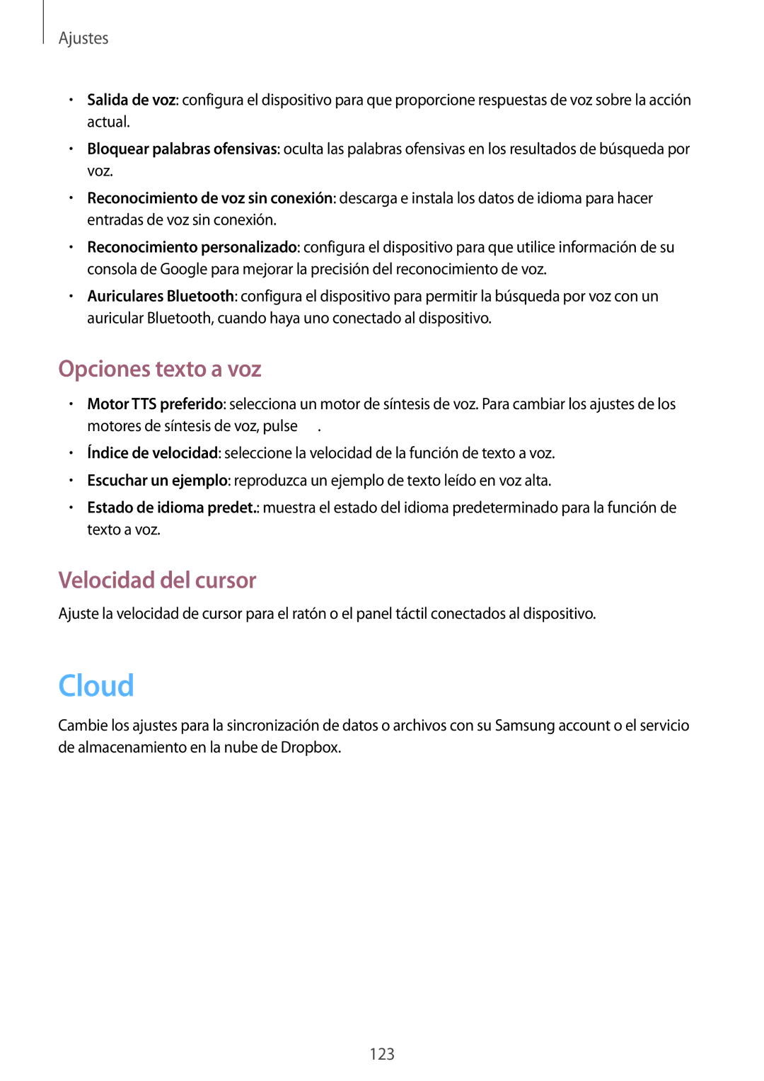 Samsung SM-T3150ZWAATL manual Opciones texto a voz, Velocidad del cursor 