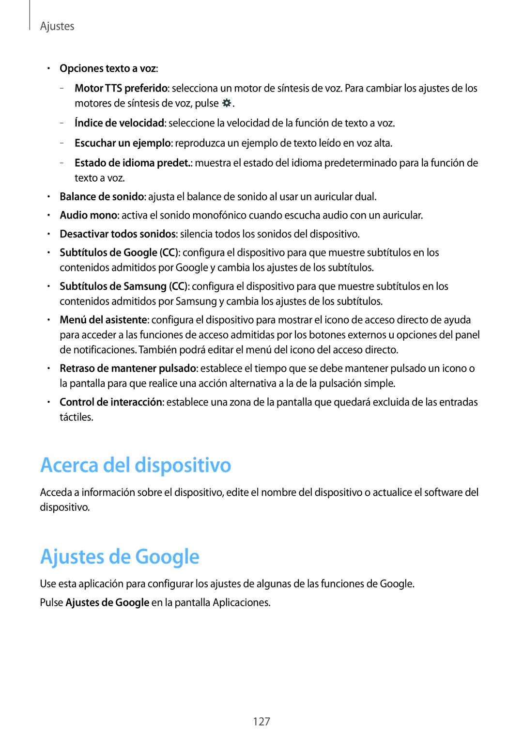 Samsung SM-T3150ZWAATL manual Acerca del dispositivo, Ajustes de Google, Opciones texto a voz 