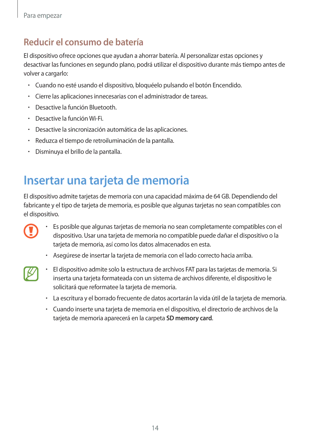 Samsung SM-T3150ZWAATL manual Insertar una tarjeta de memoria, Reducir el consumo de batería 