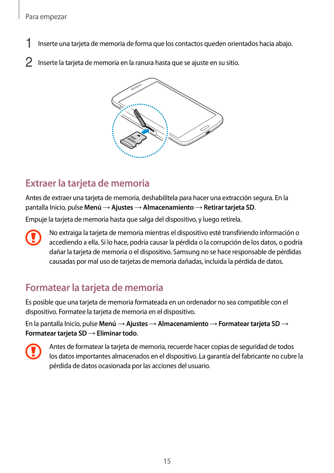 Samsung SM-T3150ZWAATL manual Extraer la tarjeta de memoria, Formatear la tarjeta de memoria 