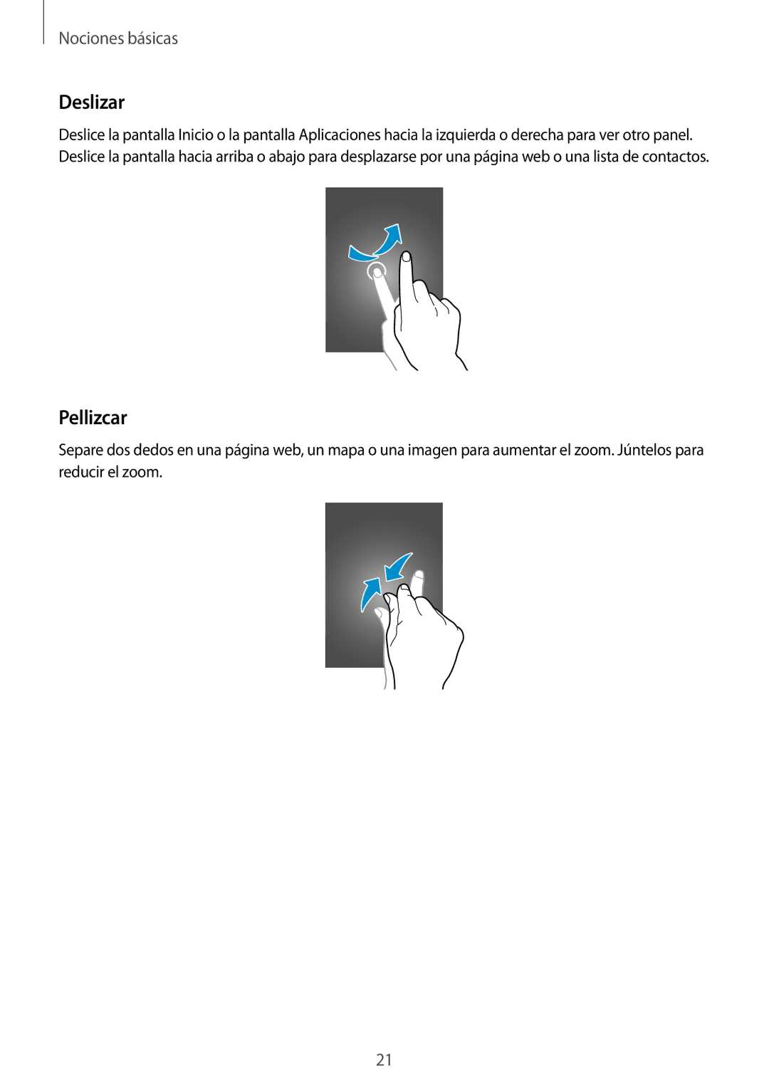 Samsung SM-T3150ZWAATL manual Deslizar, Pellizcar 